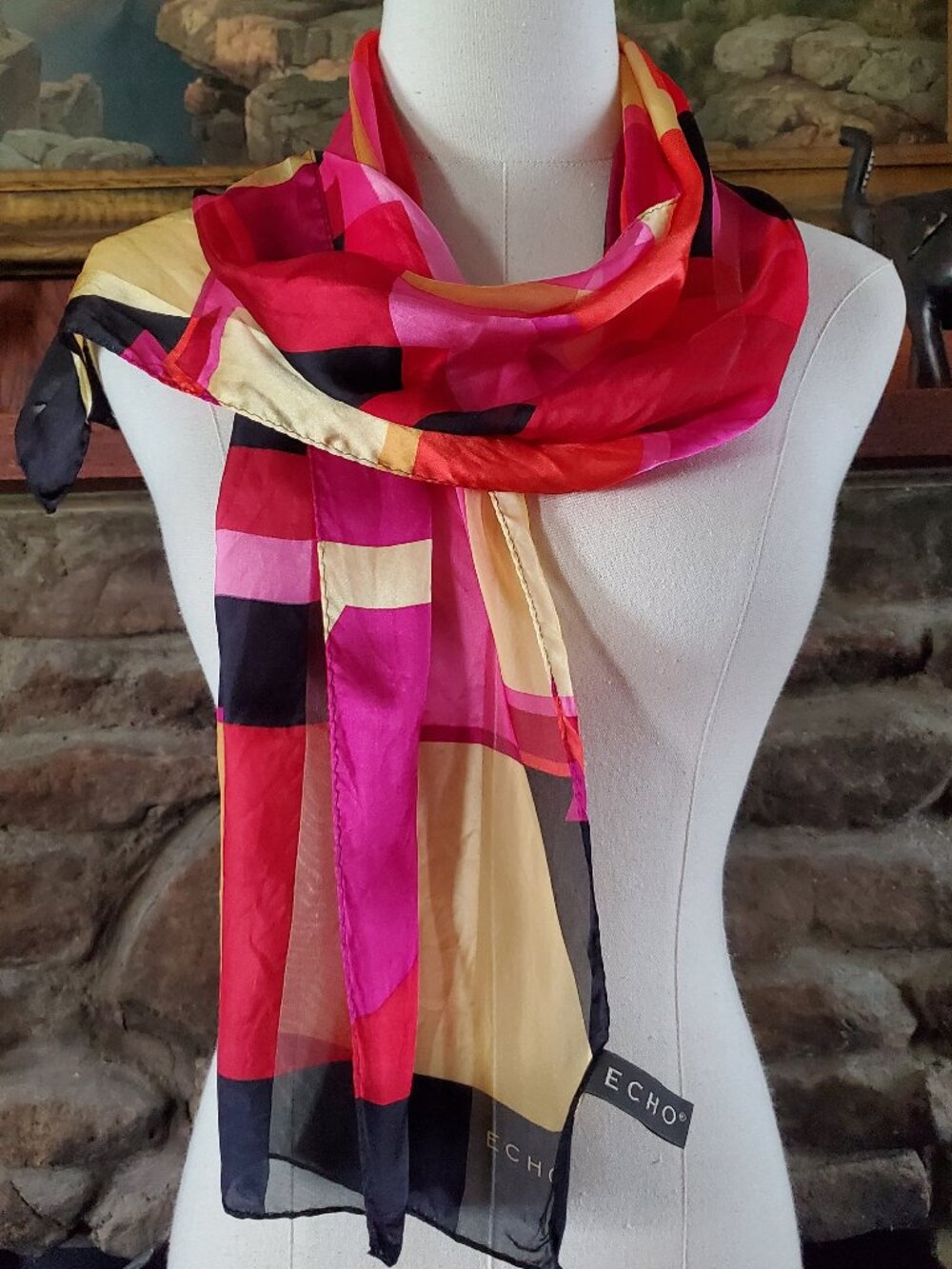 Vtg ECHO Silk Scarf Colorblock Abstract Geometric Red Pink Yellow Black 60x10.5